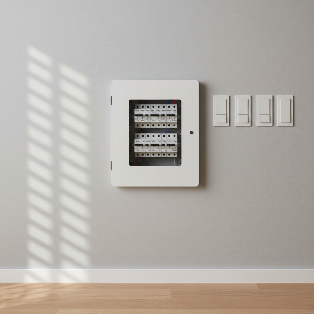 A modern residential electrical installation featuring a sleek white distribution board recessed into a smooth light-grey wall, its transparent door revealing perfectly aligned miniature circuit breakers and clearly printed labels. Next to it, matching white outlets and switches are installed on a flawless painted surface above a minimalist baseboard. Soft natural daylight enters from an unseen window, casting gentle, linear shadows along the wall and emphasizing the clean geometry. The floor is a light oak wood, slightly blurred to keep focus on the electrical hardware. Shot straight-on with a centered composition and sharp focus throughout, the mood is calm, orderly, and trustworthy. Photographic realism with neutral tones, clean lines, and a structured, corporate feel suitable for a professional electrician’s website.
