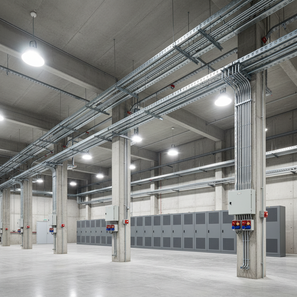 A spacious industrial workshop interior showcasing a new electrical installation: metallic cable trays running in perfectly straight paths along the ceiling, descending into vertical conduits that connect to large grey distribution cabinets on the far wall. Heavy-duty power sockets and junction boxes are mounted with millimetric precision on concrete columns. Bright, uniform LED high-bay lighting bathes the space in cool white light, eliminating harsh shadows and highlighting every detail of the metal, concrete, and wiring. The polished concrete floor reflects subtle glints of light, adding depth. Captured from a slightly low, wide-angle perspective, the composition emphasizes scale and order, with strong horizontal and vertical lines. The atmosphere is efficient, reliable, and highly professional, rendered in photographic realism with a clean, corporate industrial aesthetic.