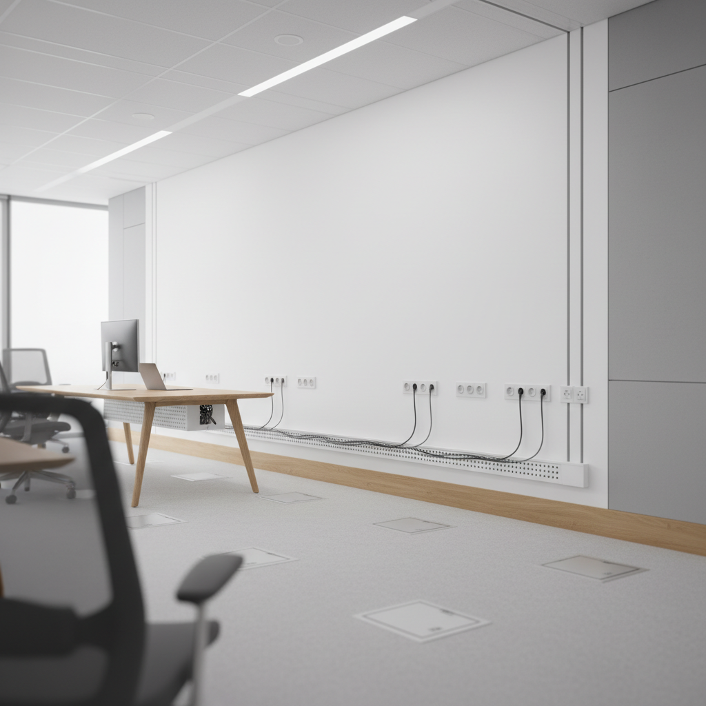 A modern office environment subtly highlighting integrated electrical systems: a sleek white wall with flush-mounted electrical outlets and network sockets aligned perfectly above a light wood skirting, feeding power to an elegant, cable-managed workstation. Discreet floor boxes and conduit channels are visible, integrated seamlessly into a light grey carpet and matching wall panels. Soft, even daylight filters through unseen large windows, complemented by neutral white ceiling panels that suggest recessed LED lighting. The composition is framed at eye level along the wall, using the rule of thirds to place the outlets and power channels as the focal point, with the rest of the space gently blurred. The mood is calm, efficient, and corporate, emphasizing unseen reliability of the electrical installation. Photographic realism with clean lines, balanced composition, and neutral tones.