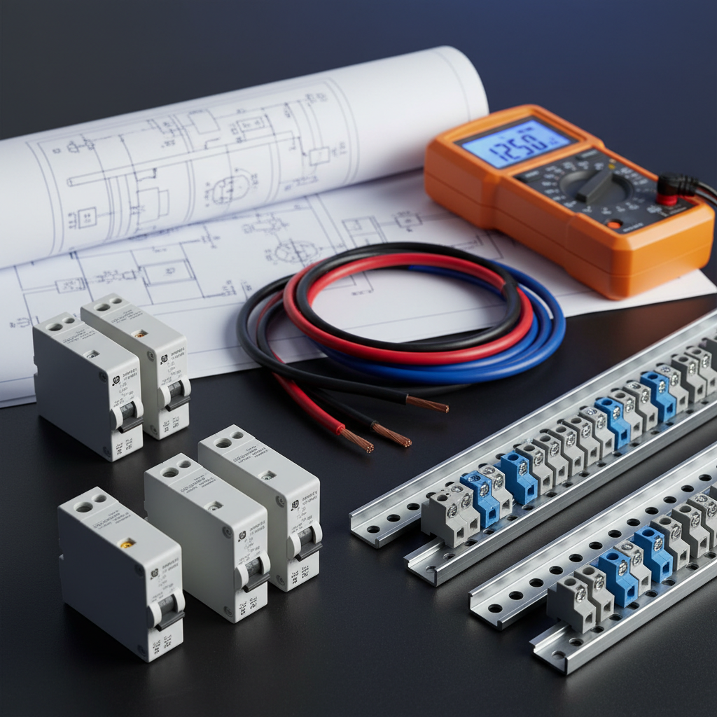 A close-up of high-quality electrical components arranged carefully on a dark, matte workbench: modular circuit breakers, DIN rails, terminal blocks, insulated copper cables with pristine cut ends, and a digital multimeter with its screen softly illuminated. Behind them, a blurred blueprint of an electrical system lies partially unrolled, its precise lines and symbols just visible. Neutral studio lighting from above and slightly to the side creates soft shadows and subtle highlights on the plastic and metal surfaces, giving a tactile feel to each object. The background fades into a smooth, out-of-focus gradient to keep attention on the components. Shot from a slightly elevated angle with shallow depth of field, the mood is technical, meticulous, and competent. Photographic realism with a clean, minimalist, corporate aesthetic.
